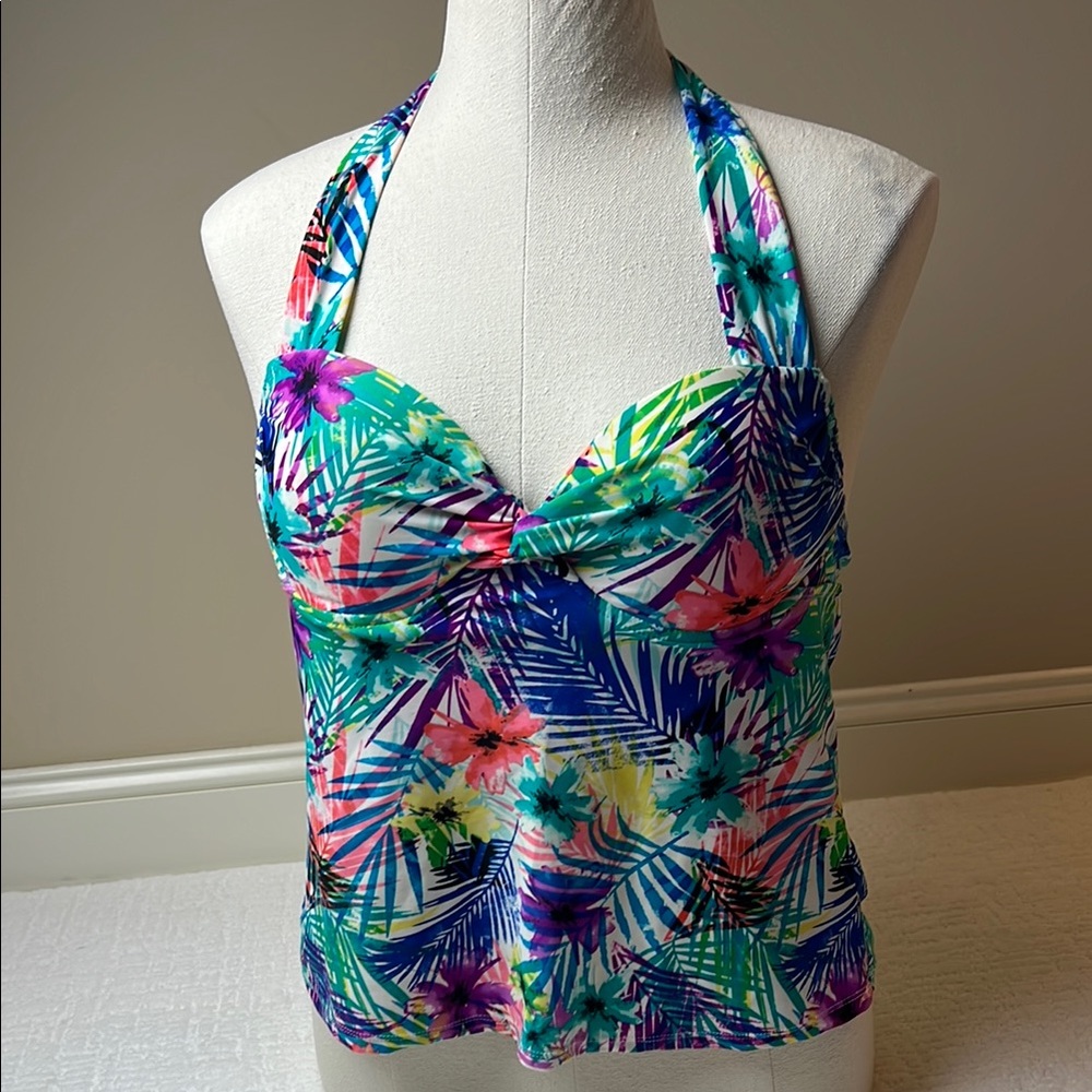 Collections by Catalina Floral Halter Tankini Swim Top Tie Neck Push-up L 12-14